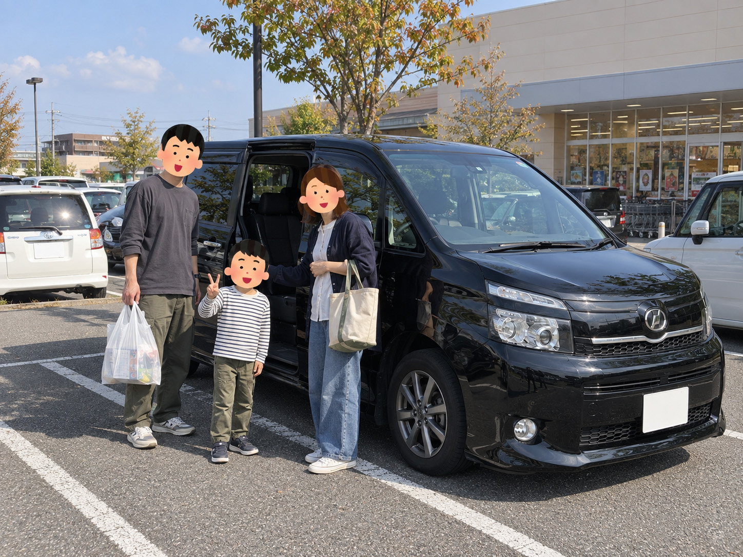 ショッピングモールで家族3人が利用するチョイスレンタカーの黒い70系VOXY